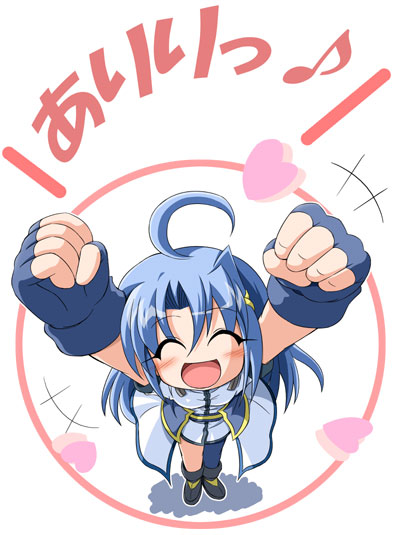 :d ^_^ ^o^ ahoge arms_up black_gloves blue_hair clenched_hands closed_eyes coat fingerless_gloves foreshortening full_body gloves hair_ornament heart lyrical_nanoha magical_girl mahou_shoujo_lyrical_nanoha_strikers open_mouth reinforce_zwei sekiguchi_miiru short_sleeves smile solo standing thighhighs white_coat x_hair_ornament