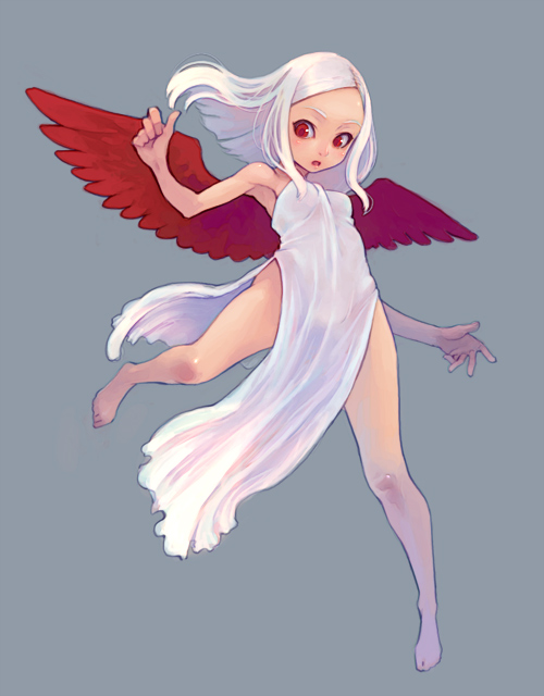 angel barefoot copyright_request red_eyes red_wings solo weno white_hair wings