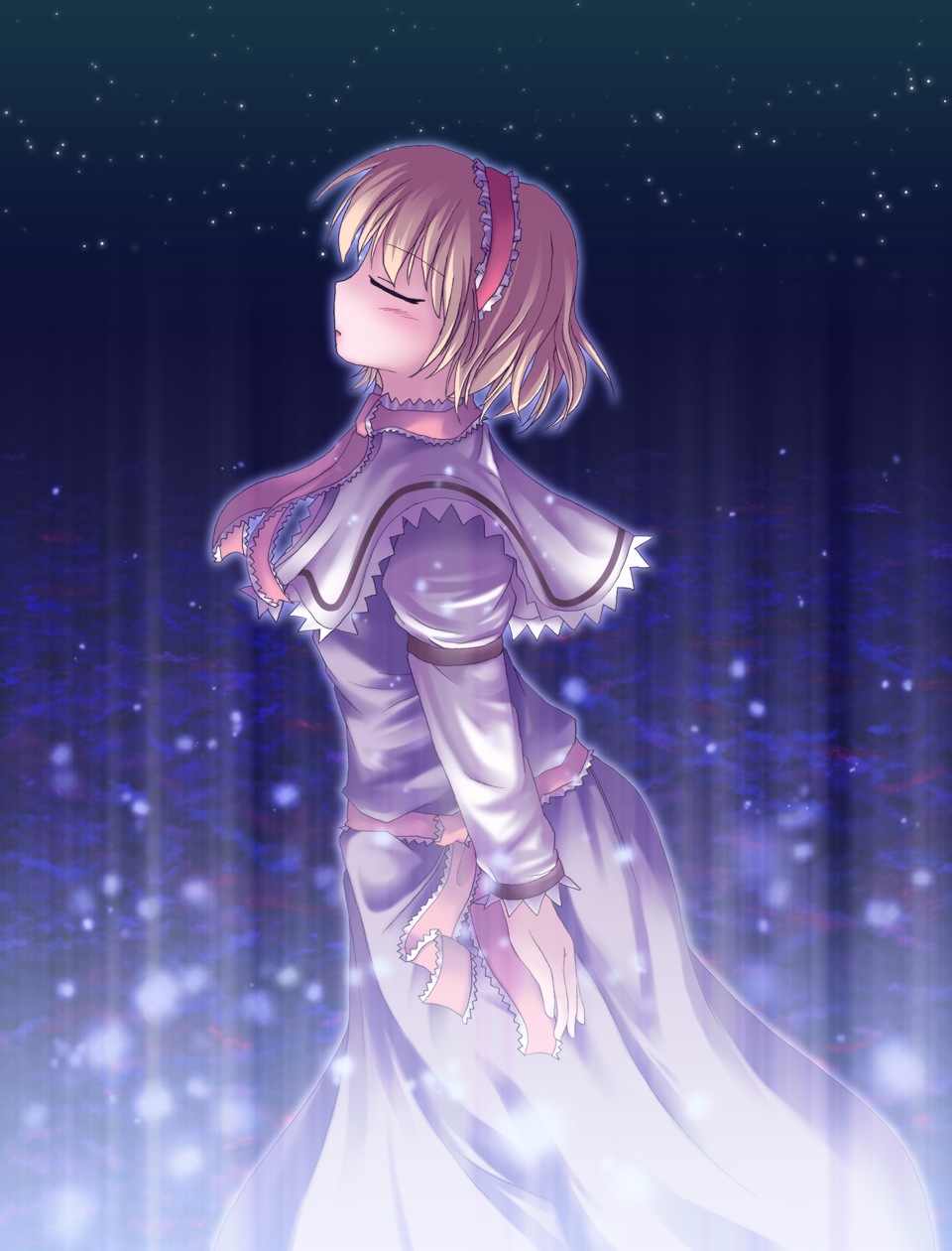 alice_margatroid belt blue_dress capelet cravat dress from_side glowing hairband highres long_sleeves lzh parted_lips short_hair solo standing star starry_background touhou