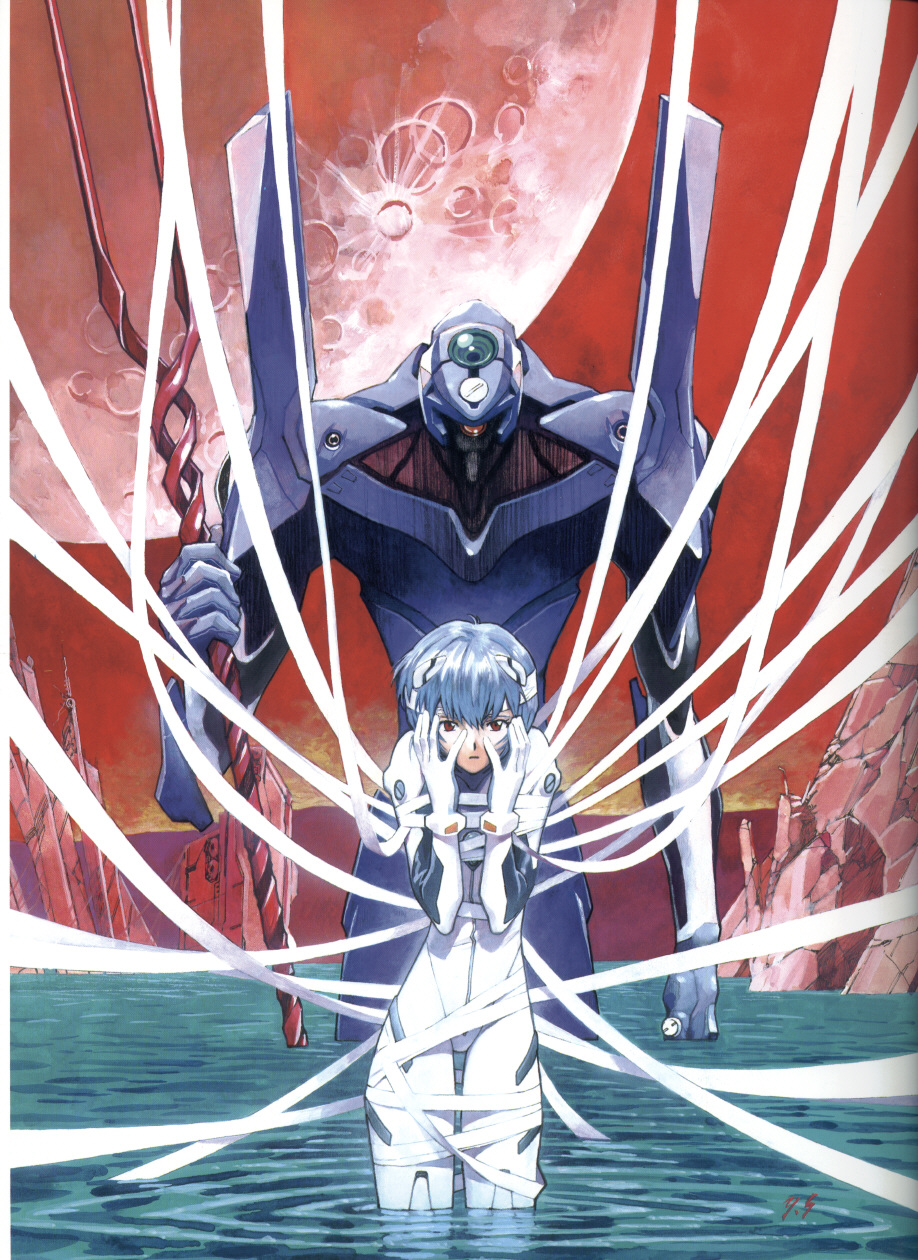ayanami_rei bandages bangs blue_hair bodysuit bracer breasts eva_00 full_moon gloves hair_between_eyes hands_on_own_face highres holding holding_weapon lance_of_longinus looking_at_viewer mecha moon neon_genesis_evangelion official_art one-eyed outdoors parted_lips pilot_suit plugsuit polearm red_eyes red_moon red_sky ruins sadamoto_yoshiyuki scan short_hair signature skinny sky small_breasts solo spear standing wading water weapon white_bodysuit