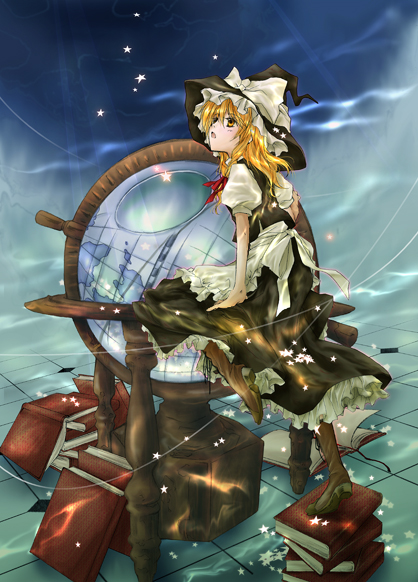 arm_support blonde_hair book book_stack boots braid globe hat honokan kirisame_marisa looking_up open_mouth side_braid sky solo sphere star stepping string tiles touhou witch_hat yellow_eyes