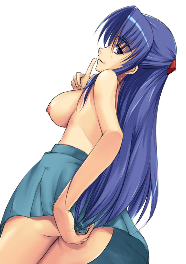 asakura_ryouko blue_hair breasts half_updo large_breasts nipples no_panties solo suzumiya_haruhi_no_yuuutsu topless waku