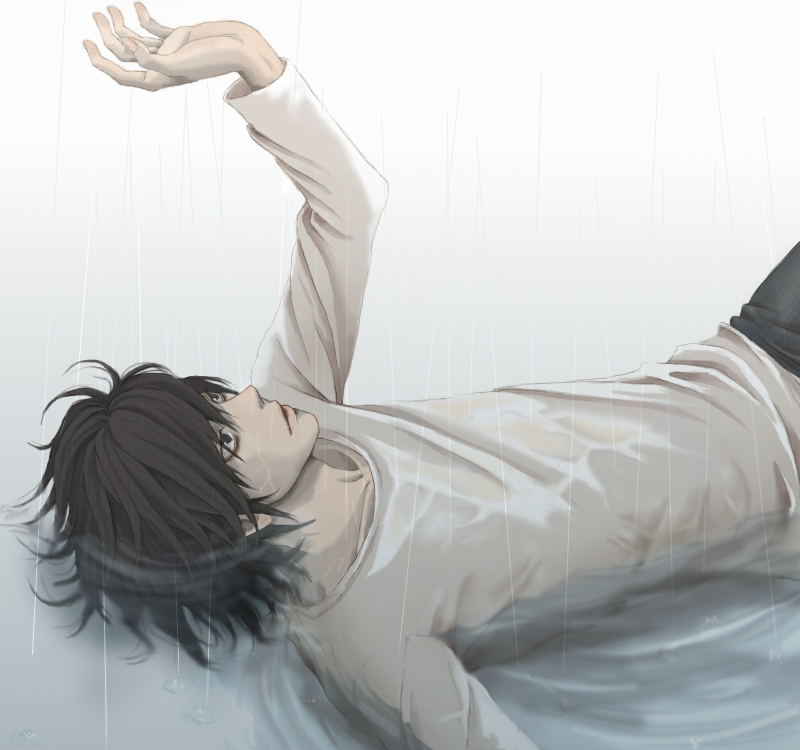 artist_request bags_under_eyes death_note l_(death_note) male_focus rain solo water