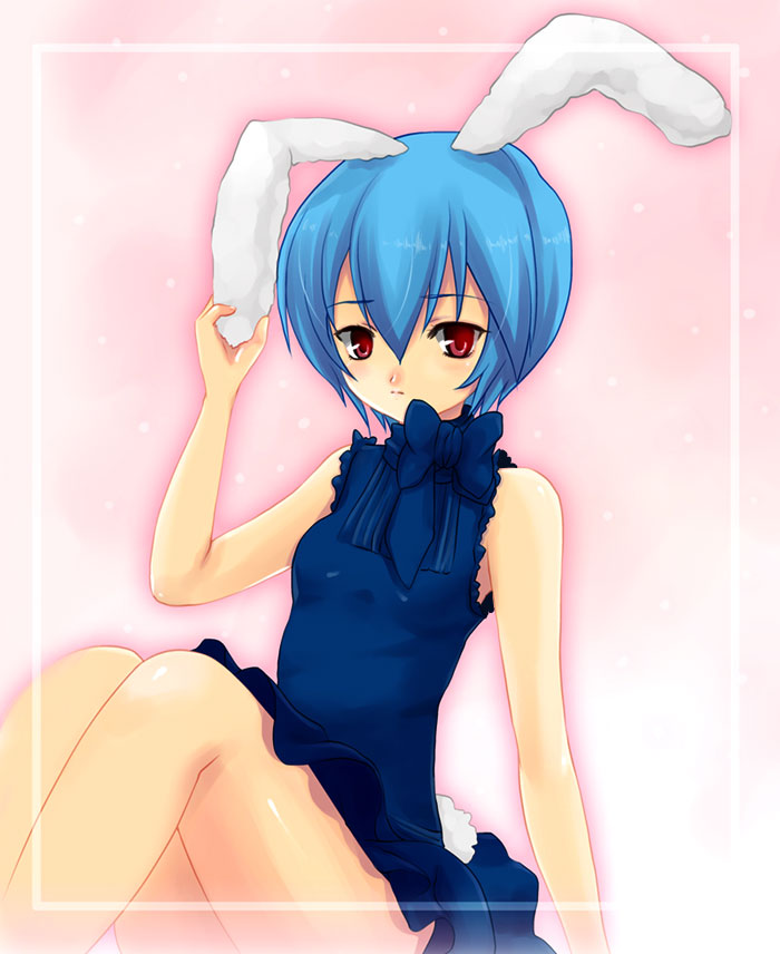 animal_ears artist_request ayanami_rei blue_hair bow bunny_ears bunny_tail dress legs neon_genesis_evangelion red_eyes short_hair solo tail