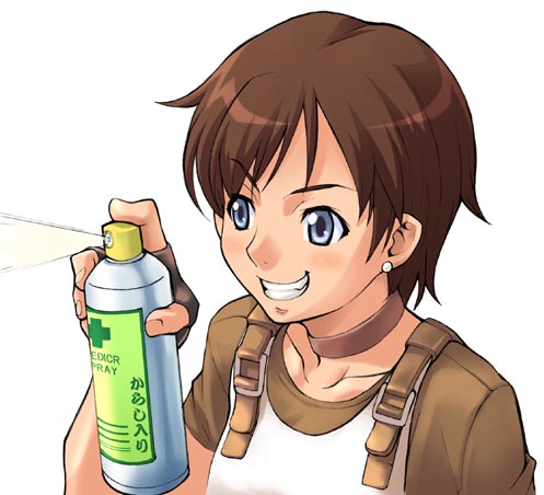 blue_eyes brown_hair collar earrings fingerless_gloves first_aid gloves jewelry lowres rebecca_chambers resident_evil short_hair smile solo spray takurou