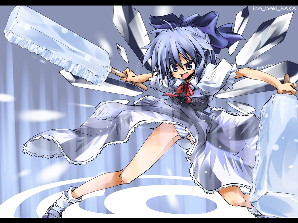 1girl ahoge angry blue_eyes blue_hair blush bow cirno crystal_sword dress dual_wielding fang fighting_stance food frills hair_bow holding ice legs letterboxed magic matsuno_canel open_mouth panties pantyshot pantyshot_(standing) popsicle ribbon shoes short_hair signature socks solo standing striped striped_panties sword touhou underwear wallpaper weapon wind wind_lift wings