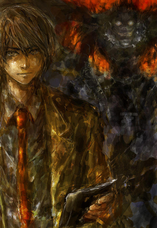 black_shirt brown_eyes brown_hair closed_mouth collared_shirt death_note dress_shirt jacket looking_at_viewer male_focus monster multiple_boys necktie oekaki open_clothes open_jacket red_neckwear ryuk shirt smile upper_body yagami_light