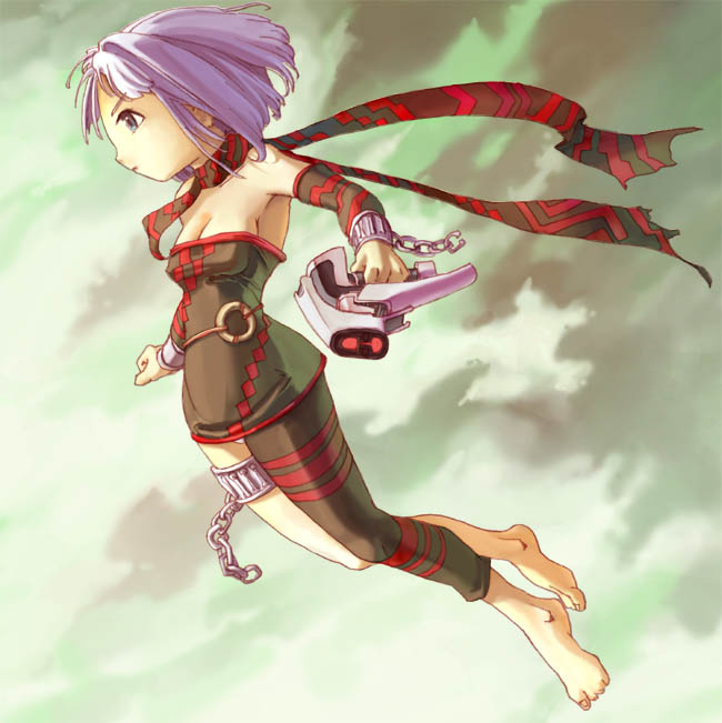 asymmetrical_clothes barefoot breasts chain cleavage detached_sleeves dress gun lavender_hair medium_breasts orta panzer_dragoon panzer_dragoon_orta scarf sky solo strapless strapless_dress tube_dress weapon