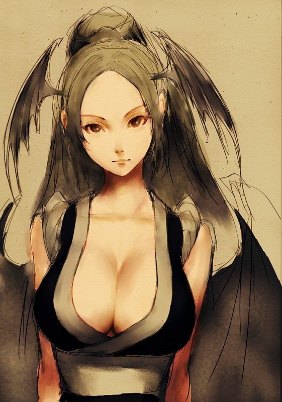 breasts cleavage fumio_(rsqkr) head_wings japanese_clothes kimono large_breasts morrigan_aensland sepia sketch solo vampire_(game) yukata