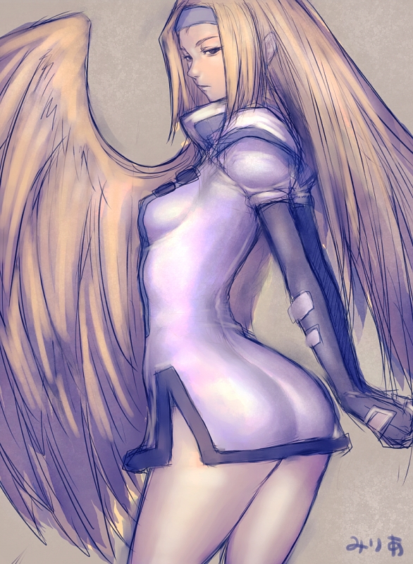 angel_wings ass blonde_hair dress elbow_gloves fingerless_gloves fumio_(rsqkr) gloves guilty_gear hairband long_hair looking_back millia_rage short_dress signature solo wings