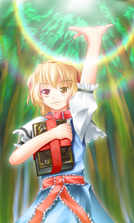 alice_margatroid arm_up belt blonde_hair blue_dress book brown_eyes capelet closed_mouth dress expressionless frills glowing grimoire grimoire_of_alice hairband heterochromia hien_meika holding holding_book looking_at_viewer magic red_eyes short_hair solo touhou