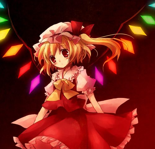 blonde_hair bow bowtie flandre_scarlet glowing hat lowres one_side_up red_eyes skirt skirt_set solo staring suzushiro_kurumi touhou wings