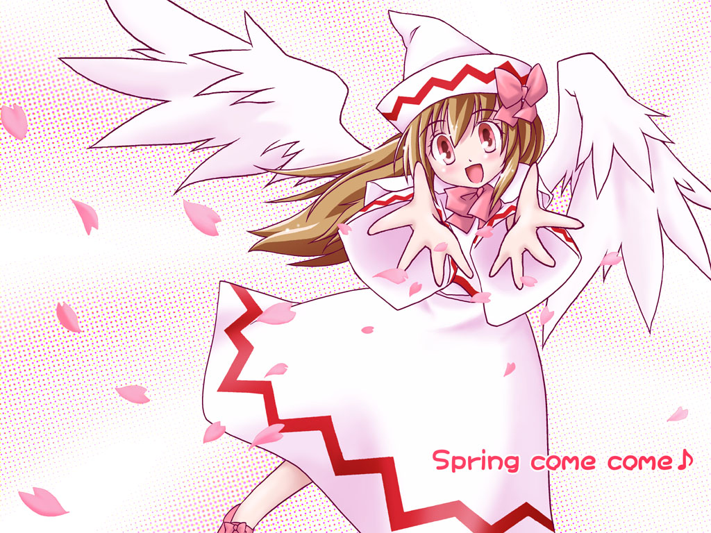 blush bow brown_hair cherry_blossoms dress hair_bow hat lily_white long_sleeves looking_at_viewer outstretched_arms petals pink_bow red_eyes shaomin solo tate_eboshi touhou white_dress white_wings wings