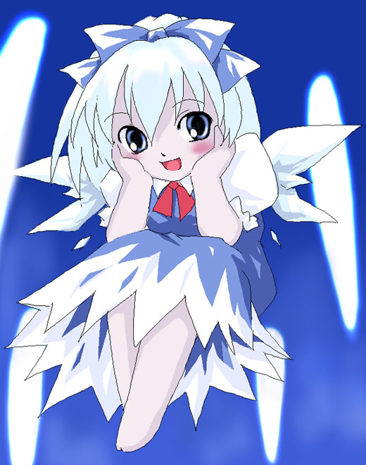 bangs barefoot bow cirno shaomin smile solo touhou