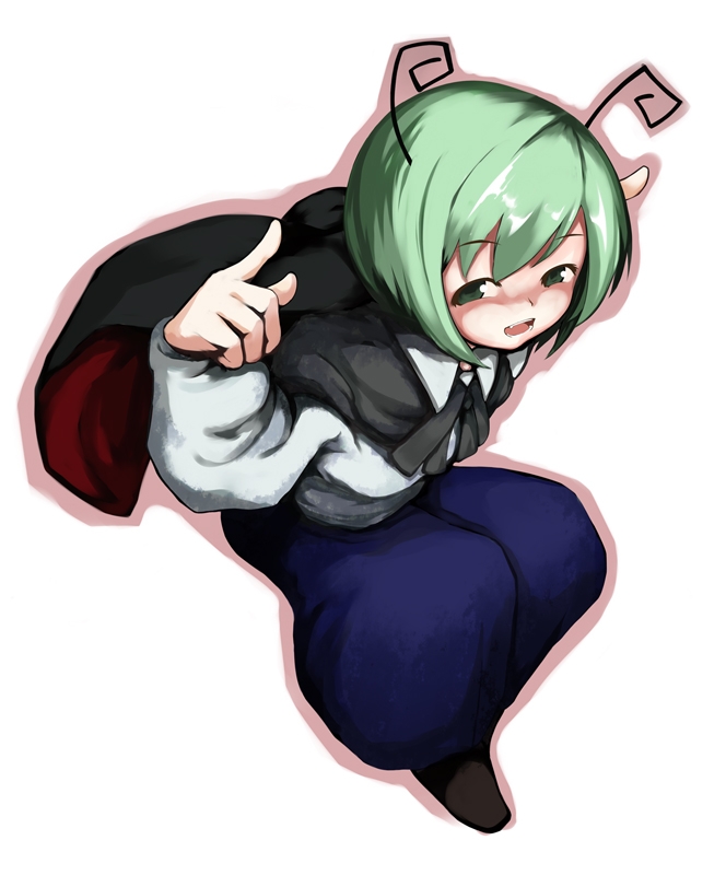 antennae cape fang from_above green_eyes green_hair index_finger_raised laboto open_mouth outline shiny shiny_hair short_hair smile solo touhou wriggle_nightbug