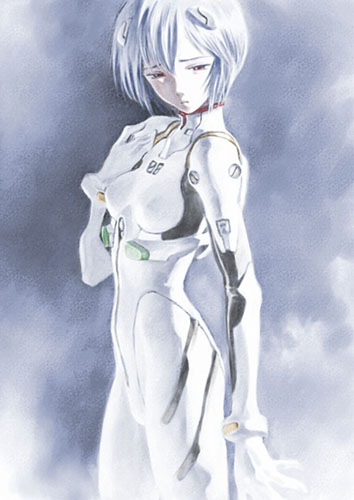 arm_at_side artist_request ayanami_rei bangs blue_background blue_hair bodysuit bracer breasts closed_mouth cowboy_shot from_side frown gloves half-closed_eyes hand_on_own_chest headgear looking_down lowres neon_genesis_evangelion number pale_skin parted_bangs pilot_suit plugsuit raised_eyebrows red_eyes sad short_hair simple_background skinny small_breasts solo standing turtleneck white_bodysuit