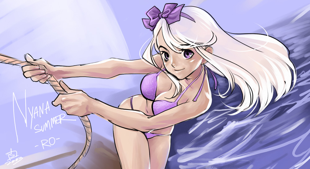 artist_request bikini breasts cleavage copyright_request large_breasts long_hair purple_eyes rope swimsuit water white_hair