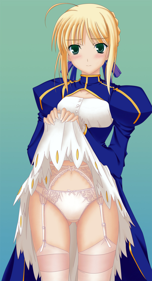 artist_request artoria_pendragon_(all) blonde_hair blush dress dress_lift fate/stay_night fate_(series) garter_belt green_eyes lace lace-trimmed_panties lingerie panties saber solo thighhighs underwear