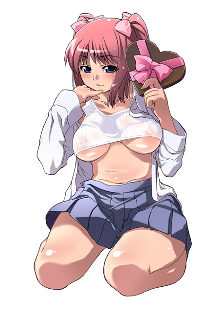 blue_eyes box breasts covered_nipples heart-shaped_box large_breasts open_clothes open_shirt original pink_hair plump shirt solo twintails underboob valentine yoshihara_maito