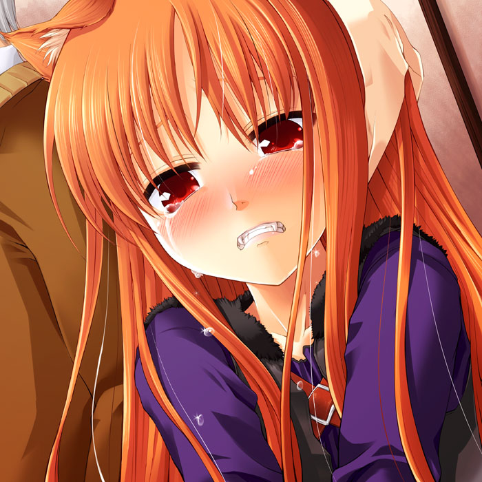 animal_ears clenched_teeth fangs holo long_hair solo spice_and_wolf tears teeth tilm wolf_ears