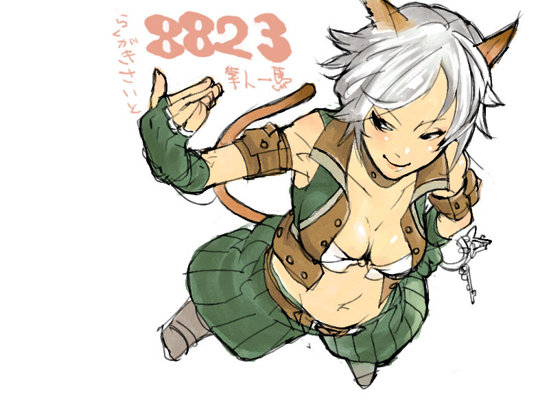 animal_ears beckoning breasts cat_ears cat_tail final_fantasy final_fantasy_xi foreshortening from_above hand_on_hip large_breasts mithra navel short_hair solo tail thief_(final_fantasy) white_background white_hair