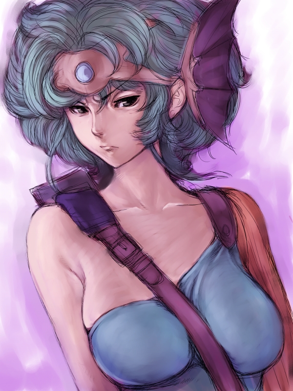 :| asymmetrical_clothes bangs bare_shoulders between_breasts breasts circlet closed_mouth curly_hair dragon_quest dragon_quest_iv fumio_(rsqkr) green_hair grey_eyes hat head_fins heroine_(dq4) impossible_clothes large_breasts purple_background serious short_hair sideboob simple_background sketch solo strap_cleavage upper_body v-shaped_eyebrows
