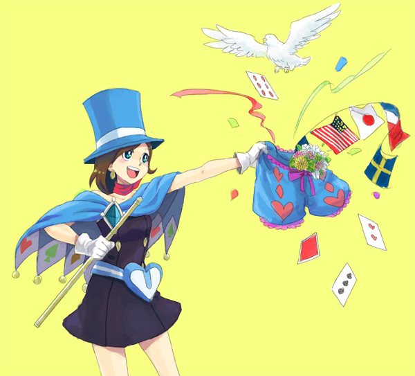 american_flag bad_id bad_pixiv_id bird bloomers blue_bloomers blue_eyes blue_hat brown_hair cape card confetti diamond_(shape) dove falling_card flag flags_of_all_nations floating_card gyakuten_saiban gyakuten_saiban_4 hat heart japanese_flag magician naruhodou_minuki panties short_hair solo spade_(shape) string string_of_flags sweden swedish_flag top_hat underwear wand yellow_background zbura