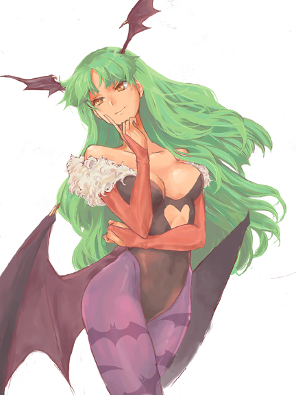 animal_print bat_print bat_wings breasts bridal_gauntlets cleavage green_eyes head_tilt head_wings heart_cutout large_breasts long_hair mori_yoichi morrigan_aensland pantyhose print_legwear smile solo vampire_(game) white_background wings yellow_eyes