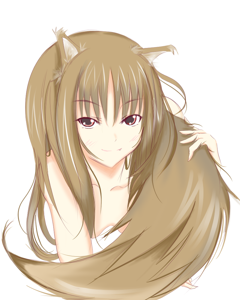 animal_ears fang holo long_hair nude solo spice_and_wolf tail wolf_ears yashiro_(tutinoyashiro)