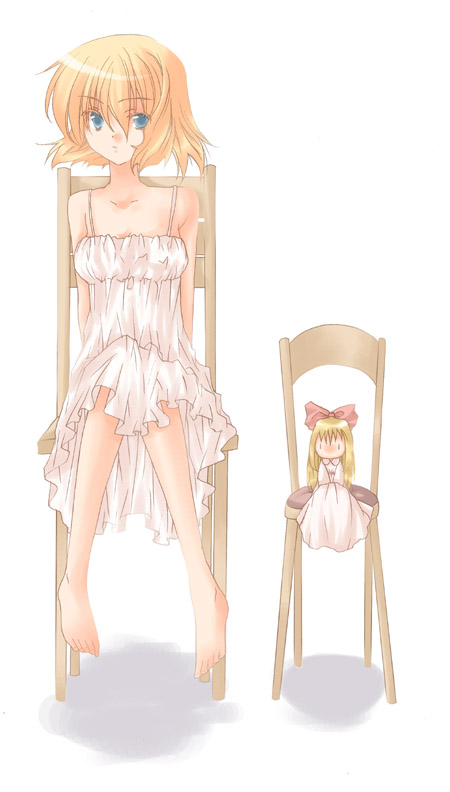 alice_margatroid bangs bare_shoulders barefoot blonde_hair blue_eyes eyebrows_visible_through_hair hourai_doll kokono_coco lingerie looking_at_viewer negligee nightgown short_hair simple_background sitting solo touhou underwear white_background