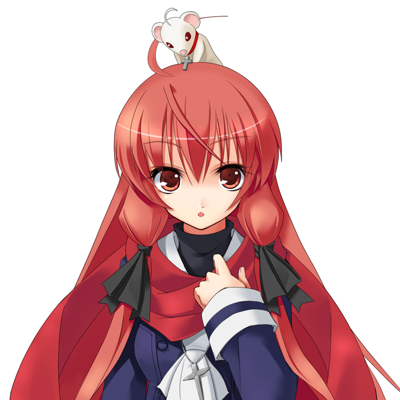 animal animal_on_head cross ferret himuro_akari latin_cross looking_at_viewer night_wizard on_head red_eyes red_hair red_scarf scarf simple_background solo upper_body wapokichi white_background