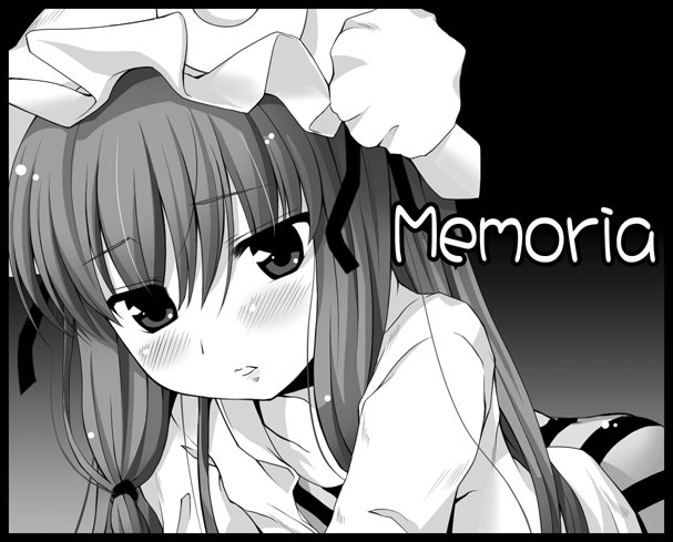 blue blush dress eyebrows_visible_through_hair frills gradient gradient_background greyscale hat long_sleeves looking_at_viewer mob_cap monochrome parted_lips patchouli_knowledge simple_background solo striped text_focus tilm touhou upper_body vertical_stripes