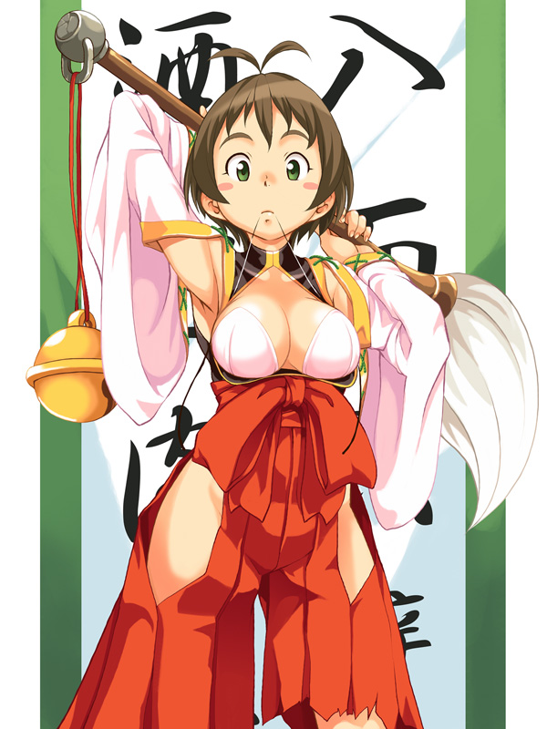 adapted_uniform antenna_hair bell blush_stickers brown_hair brush copyright_request green_eyes mannen_hitsu nontraditional_miko short_hair solo torn_clothes