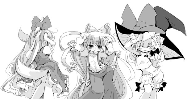 bloomers caramelldansen ex-keine fujiwara_no_mokou greyscale hat kamishirasawa_keine kirisame_marisa monochrome multiple_girls tail touhou underwear usoneko witch_hat