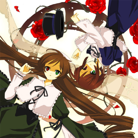 2girls black_ribbon blue_dress collar dress expressionless green_dress green_eyes hat heterochromia long_hair long_sleeves looking_at_viewer looking_up multiple_girls red_eyes ribbon rozen_maiden shaded_face siblings sisters souseiseki suiseiseki symmetry top_hat twins very_long_hair