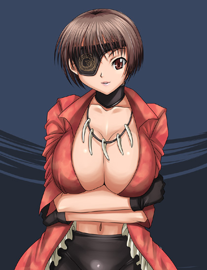 black_gloves breast_hold breasts brown_eyes brown_hair cleavage collar eyepatch gloves jacket jewelry large_breasts looking_at_viewer mary_(vampire_panic) navel necklace no_bra open_clothes open_jacket parted_lips short_hair shunzou solo tooth_necklace upper_body vampire_panic