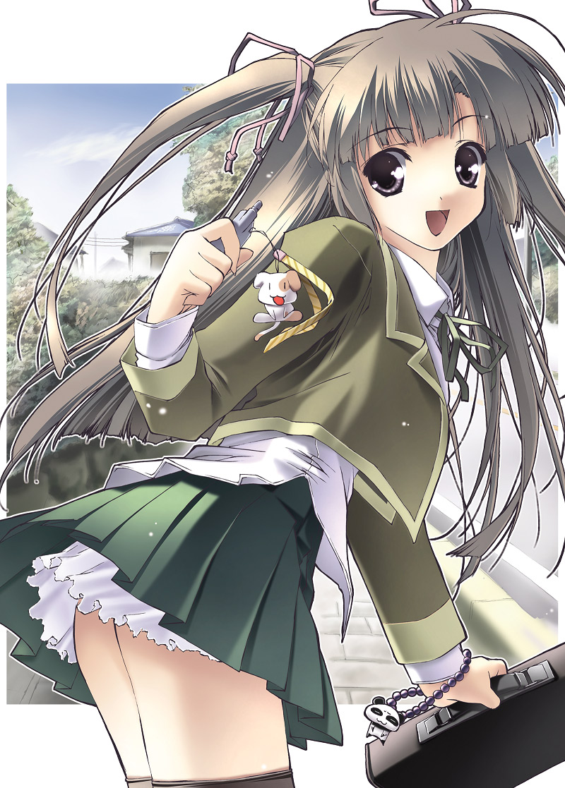 character_request copyright_request dog grey_eyes grey_hair long_hair pleated_skirt school_uniform shintarou silver_hair skirt solo thighhighs