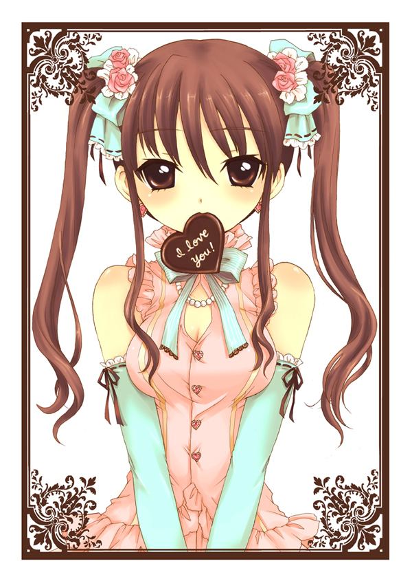 breasts chocolate chocolate_heart cleavage heart medium_breasts mizunomoto original solo twintails valentine