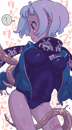 ? blush breasts hood hoodie hoshi_kubi jacket large_breasts lowres oekaki one-piece_swimsuit scarf school_swimsuit short_hair solo space_invaders swimsuit swimsuit_under_clothes tentacles white_hair