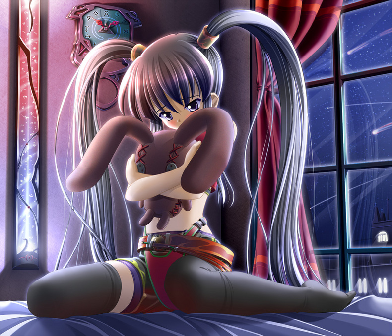 artist_request belt blush bunny clock copyright_request night shorts solo thighhighs toy twintails window