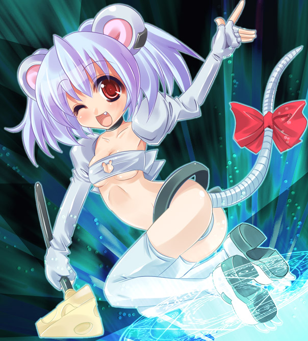 animal_ears ass blue_hair bow gloves maki_(seventh_heaven_maxion) midriff mouse_ears original red_eyes solo tail thighhighs