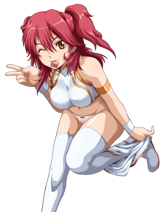 caryo condom condom_in_mouth crop_top gundam gundam_00 midriff mouth_hold nena_trinity one_eye_closed panties pink_panties red_hair solo tabigarasu thighhighs two_side_up underwear undressing v yellow_eyes