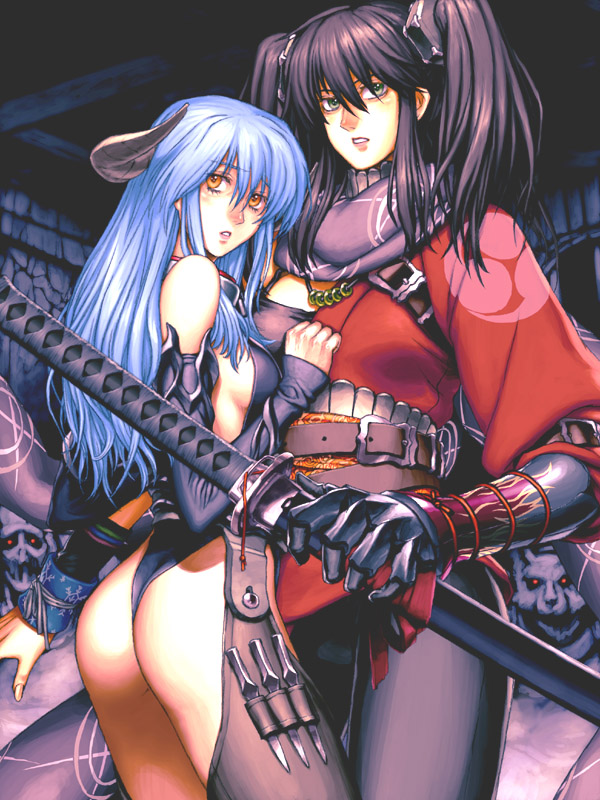 aoi_subaru ass breasts horns medium_breasts multiple_girls pixiv_fantasia pixiv_fantasia_1 sideboob sword weapon