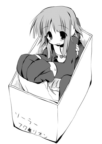 :3 android box cardboard_box greyscale ilfa in_box in_container milfa monochrome multiple_girls robot_ears sakanaya_nakasa silfa thighhighs to_heart_2 to_heart_2_ad