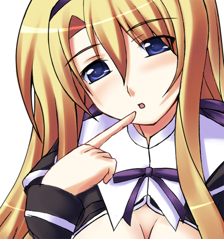 :o artist_request blonde_hair blue_eyes breasts carim_gracia cleavage close-up face finger_to_mouth hairband large_breasts looking_at_viewer lowres lyrical_nanoha mahou_shoujo_lyrical_nanoha_strikers parted_lips purple_ribbon ribbon simple_background solo white_background