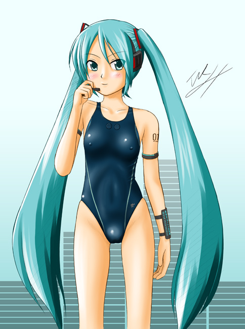 competition_swimsuit green_eyes green_hair hatsune_miku long_hair one-piece_swimsuit solo swimsuit tk4 twintails vocaloid