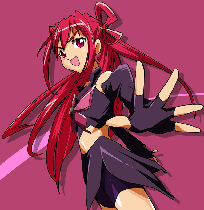 :d bangs bare_shoulders bike_shorts brooch cowboy_shot dark_cure_(yes!_precure_5) dark_dream earrings elbow_gloves flat_chest foreshortening gloves half_updo halter_top halterneck hands ixy jewelry long_hair looking_at_viewer looking_back midriff miniskirt open_mouth outstretched_arms pointy_ears precure profile puffy_sleeves purple_background red_eyes red_hair scrunchie shadow shorts shorts_under_skirt side_slit sidelocks simple_background skirt smile solo spread_arms standing turtleneck two_side_up very_long_hair yes!_precure_5