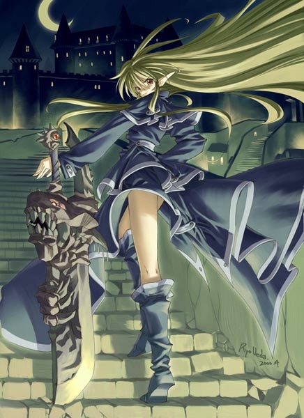 blonde_hair boots castle copyright_request huge_weapon long_coat long_hair looking_back moon night pointy_ears red_eyes solo stairs sword ueda_ryou very_long_hair weapon