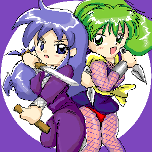 blue_hair dagger ganbare_goemon green_hair japanese_clothes knife kunai kunoichi lowres mystical_ninja ninja sword weapon yae