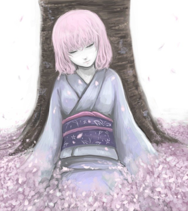 cherry_blossoms closed_eyes face ginji_(sakaki_summer) japanese_clothes kimono petals pink_hair saigyouji_yuyuko short_hair solo touhou